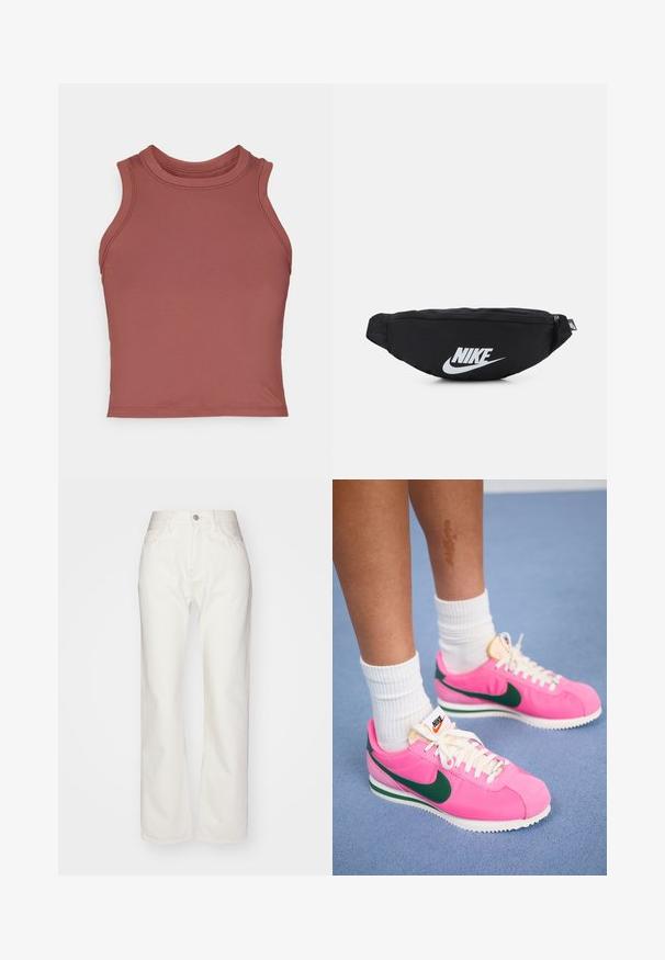 Top corto senza maniche di colore malva realizzato in tessuto liscio ed elastico. Presenta un collo alto e cuciture piatte per un design minimalista.; Pantaloni in denim bianco con vita alta e taglio ampio. Presentano chiusura con bottone e zip, passanti per cintura e dettagli di cucitura sottili.; Sneakers Nike rosa con accenti verdi, caratterizzati da un materiale liscio, lacci bianchi e una suola testurizzata. Calze bianche visibili sopra la caviglia.; Marsupio nero in nylon con chiusura zip, caratterizzato da un grande logo Nike bianco. Texture liscia e design ergonomico per un'indossabilità confortevole.