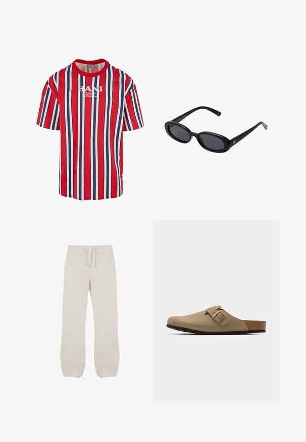 Punaste, sinise ja valge triibuga lühikeste varrukatega t-särk ümmarguse kaelusega. Keskel on valge KANI logo. Valmistatud puuvillast.; Vaaleanbeige pellavahousut, joissa on joustava vyötärö ja kiristysnyöri. Suora lahje, jossa on sileä pinta ja pieni kapeneminen nilkoissa.; Beige klootziga muudest jalatsitest ümara varbaga, reguleeritava pandla aktsendiga ja korkjalatsiga. Tekstureeritud pind mustast kummist tallaga haardeks.; Mustat ylisuuruiset aurinkolasit, jotka ovat soikeat linssit, sileä muovikehys ja kultaiset korostukset temppeleissä. Tummat linssit tarjoavat suojaa auringolta.