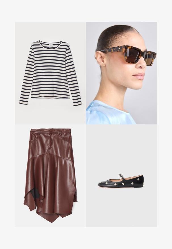 Long-sleeve shirt in cream with navy horizontal stripes, featuring a round neckline, ribbed texture, and relaxed fit.; Brown faux leather skirt with a flared, asymmetric hem, featuring two front pockets and a smooth, glossy texture.; Black leather Mary Jane flat shoe with a rounded toe, featuring silver circular studs and an adjustable strap with a buckle.; Tortoiseshell sunglasses with a chunky, rectangular frame. Dark lenses and gold-tone accents on the temples. Smooth, glossy finish.