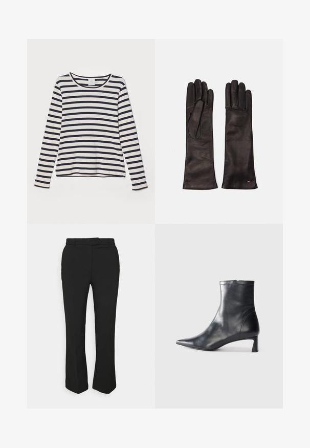 Kreemivärvi pikad varrukad särk, millel on tumehallid horisontaalsed triibud, ümmargune kaelus, ribakate tekstuur ja lõdvestunud lõige.; Mustad mustad püksid sirge säärega, millel on vööloop ja küljetaskud. Valmistatud siledast kangast, millel on puhas viimistlus.; Mustad mustall nahkasaabas terava nina ja stiilse disainiga. Omab madalat konts ja luku sulgemist taga. Sile tekstuur.; Weekend Max Mara SENAPE - Sõrmkindad - nero