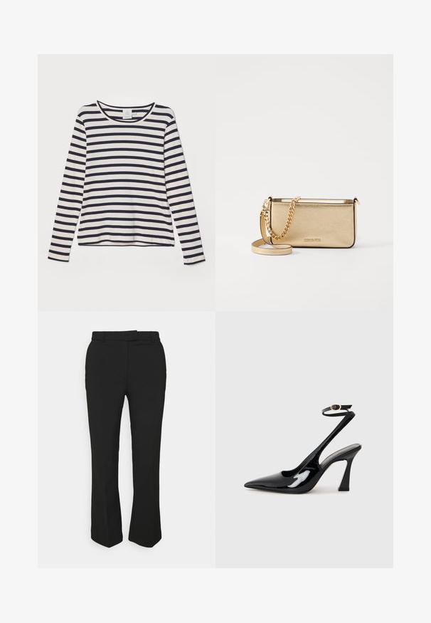 Long-sleeve shirt in cream with navy horizontal stripes, featuring a round neckline, ribbed texture, and relaxed fit.; Black tailored pants with a straight-leg design, featuring belt loops and side pockets. Made from smooth fabric with a clean finish.; Black patent leather slingback high heels with a pointed toe, adjustable ankle strap, and a moderate block heel. Smooth texture with glossy finish.; Metallic gold leather clutch with a textured finish, featuring a gold chain strap and a removable shoulder strap. Brand logo embossed.