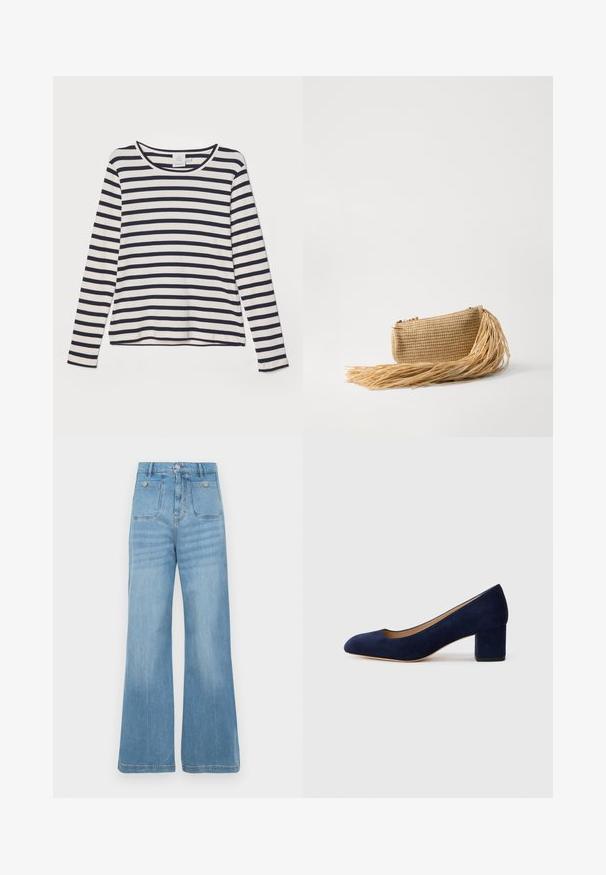 Langarmshirt in crème met marineblauwe horizontale strepen, voorzien van een ronde hals, ribbelstructuur en een ontspannen pasvorm.; Lichtblauwe denim jeans met een wijd pootontwerp, voorzien van twee voorkruipzakken en twee achterzakken, afgewerkt met een ruwe zoom en knoopsluiting.; Navy blauwe suède pump met een spitse neus en een blokhak van gemiddelde hoogte. Glad oppervlak met een subtiele glans en een kleine uitsparing aan de voorkant.; Cult Gaia VIERA - Clutch - natural