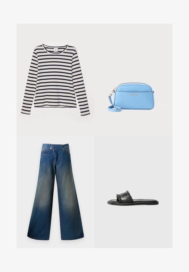 Camisa de manga longa em creme com riscas horizontais em azul-marinho, featuring um decote redondo, textura canelada e corte descontraído.; Jeans de perna larga em azul, feitos de denim, com um acabamento ligeiramente desbotado, costura visível, dois bolsos frontais e fecho com botão.; Sandal preto em couro com detalhe de fita trançada, sola plana e design elegante. Textura suave e perfil minimalista.; Bolsa crossbody em couro azul claro com acessórios em tom de ouro, fecho em zip, e um bolso frontal. Apresenta uma alça ajustável para conveniência.