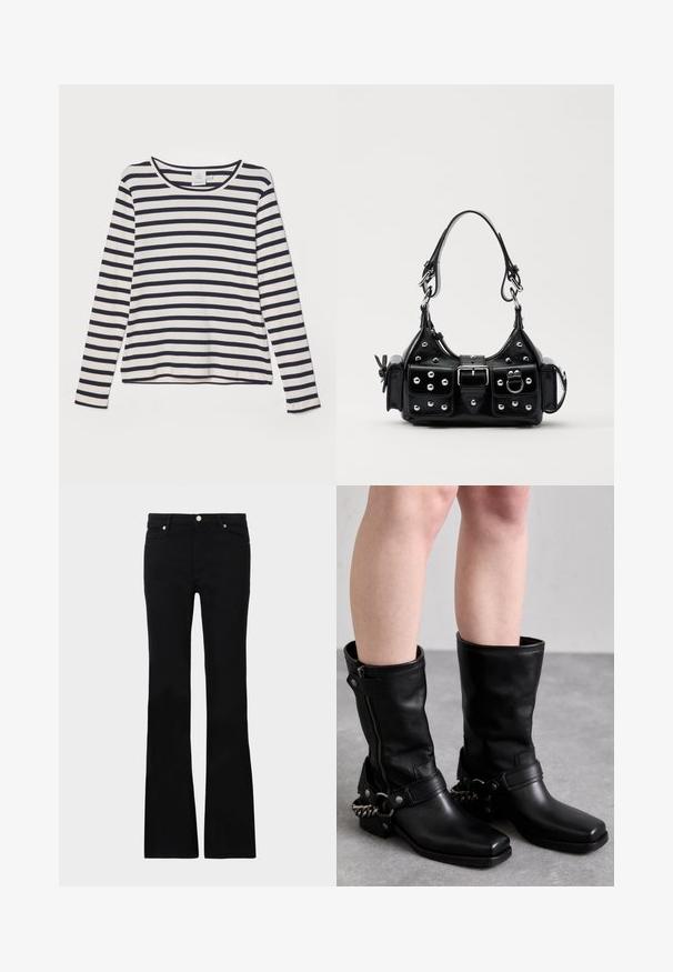 Dlhý rukáv košele v krémovej farbe s námořníckymi horizontálnymi pruhmi, s okrúhlym výstrihom, ryhovanou textúrou a voľným strihom.; Čierne rozšírené džínsy vyrobené z denimu, s dvoma prednými vreckami, zapínaním na gombík a hladkým povrchom. Viditeľné podpisové šitie na švoch.; Čierne kožené čižmy po kolená so štvorcovou špicou, bočným zipsom a nastaviteľným remienkom s metalickým reťazovým akcentom. Matný povrch a pevná podrážka.; Čierna kožená kabelka s zakriveným dizajnom, doplnená striebornými cvočkami, prackou a dvoma bočnými vreckami. Nastaviteľný popruh poskytuje rôzne možnosti nosenia.
