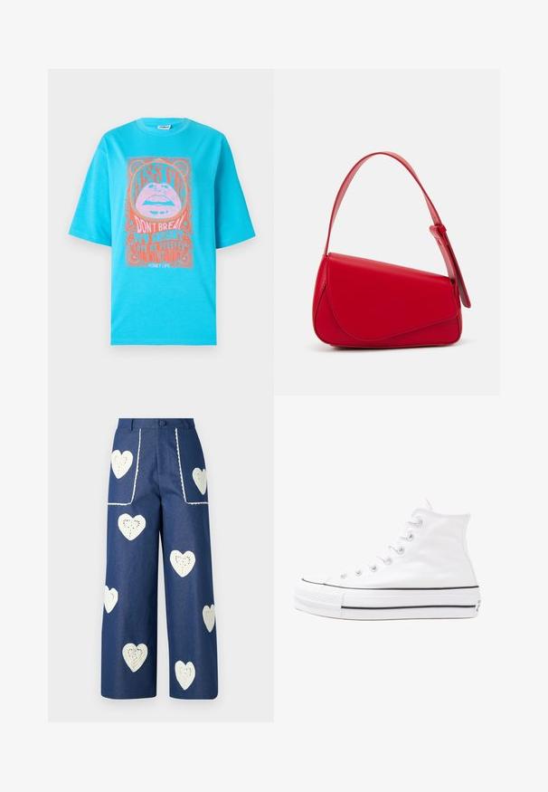 Mėlynosios medvilnės marškinėliai trumpomis rankovėmis, su grafiniu raštu, vaizduojančiu lūpas ir tekstą rožinės ir oranžinės spalvos, apipavidalinti dekoratyviais rėmeliais.; Sister Jane HEART TO HEART - Tiesaus kirpimo džinsai - blue denim; Balti aukštakulniai drobės sportbačiai su juodu guminio pado, priekinio guminio piršto dangteliu ir šešiais akytėmis raištams, pasižymintys švariu, minimalistiniu dizainu.; Raudona odinė rankinė su kampuota, geometrine forma. Pasižymi viena reguliuojama dirželiu ir dangteliu su siuvinėtais dekoracijomis.