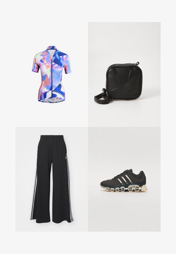 Short-sleeve cycling jersey featuring a multi-colored geometric pattern, made of lightweight, stretchy fabric with a full-length zipper.; Black wide-leg sweatpants with an elastic waistband, featuring white side stripes and an embroidered logo on the left thigh.; Black athletic shoe with a textured upper, three silver stripes, and a distinctive cushioning sole featuring multiple integrated sections.; Black square crossbody bag made of textured synthetic material. Features an embossed logo design and adjustable strap. Zipper closure.