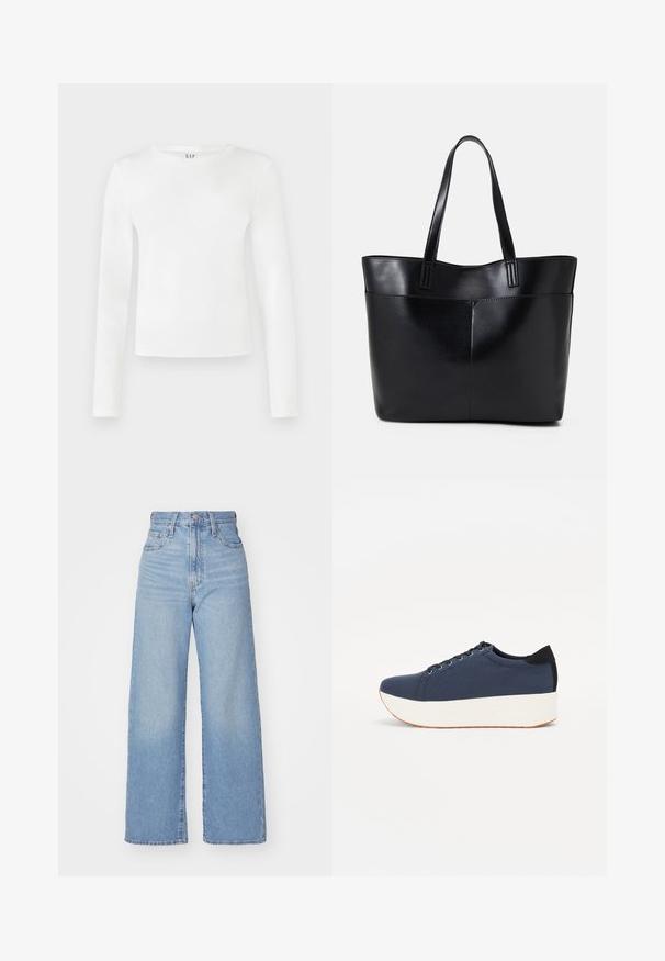 Hosszú ujjú, kerek nyakú póló egyszínű fehér anyagból. Fitted sziluett jellemzi, sima textúrával és diszkrét márkalogóval a nyakrészen.; Világoskék, magas derekú, bő szárú farmernadrág, elülső gombbal és cipzárral, elülső és hátsó zsebekkel, fehér háttérrel.; Sötétkék sportcipő, texturált szövet felsőrész, fehér platform talp, lekerekített orr és fekete sarok akcentussal. Hat fűzőlyuk található rajta.; Fekete bőr bevásárlótáska két hosszú fogantyúval, sima felülettel és strukturált formával. Elülső zseb található rajta a plusz tárolás érdekében.