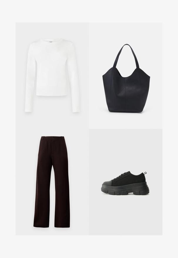 Langærmet T-shirt med rund hals i solid hvidt stof. Har en tætsiddende silhuet med en glat tekstur og et diskret mærkelogo ved halsudskæringen.; Mørkebrune vide benbukser med lynlås, knaplukning og bæltestropper, vist på en ensfarvet baggrund.; Sorte sneakers med en kraftig gummisål, tekstureret stofoverdel, rund tå og snørredesign. Har forstærkede snørrehuller og en trækkrog bagpå.; Sort tote taske lavet af glat læder, med en buet, åben top, to skulderstropper og et minimalistisk design.