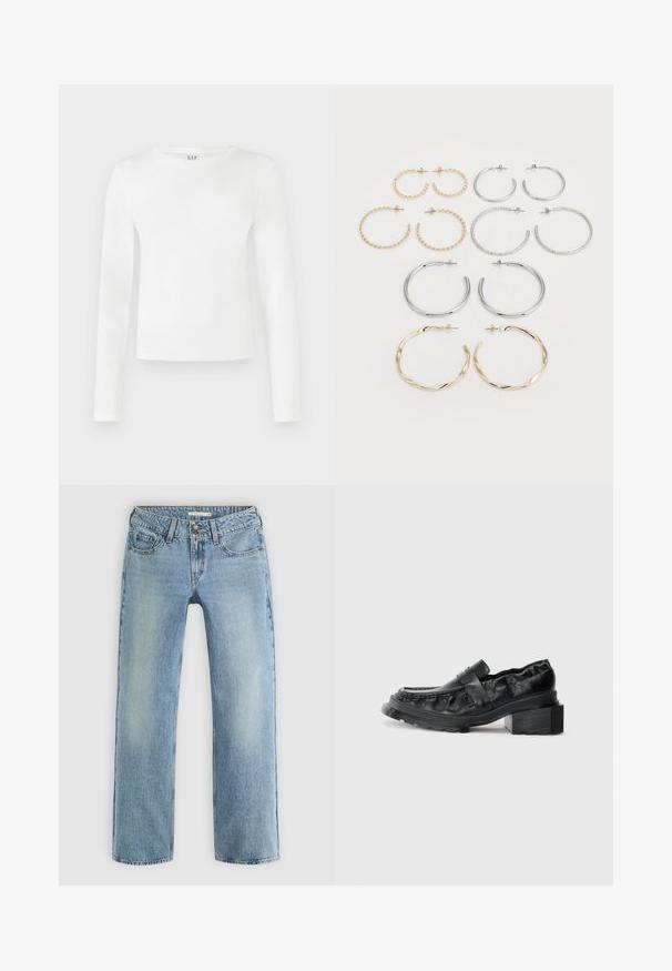 Koszulka z długim rękawem, z okrągłym dekoltem w jednorodnym białym kolorze. Posiada dopasowany krój o gładkiej strukturze oraz subtelne logo marki na dekolcie.; Jasnoniebieskie dżinsy o prostym kroju, wykonane z denimu, z zapięciem na guzik, pięcioma kieszeniami i subtelnym wyblaknięciem na nogawkach.; Czarne skórzane mokasyny z usztywnioną podeszwą, z lekko podniesionym obcasem w kształcie bloku i teksturowanym wierzchem, zapinane na przedni pasek.; Zestaw dwunastu kolczyków w kształcie kółek w odcieniach srebra i złota. Zawiera wzory skręcone, gładkie i fakturowane w różnych rozmiarach i wykończeniach.