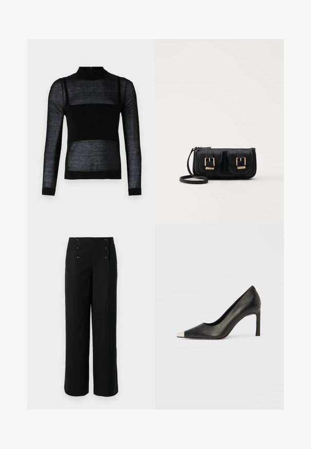 Black long-sleeve top with a mock neck, featuring sheer textured panels, solid lower section, and fitted cuffs.; Black wide-leg trousers made of smooth fabric, featuring a high waist and five front buttons for closure. Elegant, tailored design.; Black leather high heel shoe with a pointed toe and a metallic silver cap. Features a smooth finish and a slender 10 cm heel.; Black leather crossbody bag with two front pockets, gold buckles, zipper closure, and a slim strap. Textured surface and compact rectangular shape.