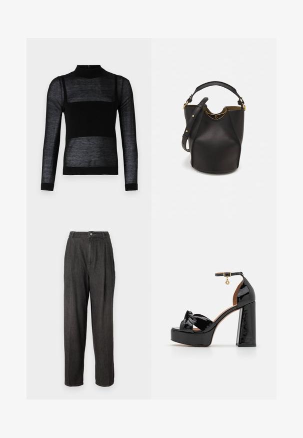 Čierny top s dlhým rukávom a krátkym golierom, ktorý má priesvitné textúrované panely, pevne prešívanú dolnú časť a priliehavé manžety.; Tmavošedé denimové nohavice s vysokým pásom, s plisovaním vpredu, rovnými nohavicami a jedným gombíkom na zapínanie v páse.; Maje Sandále na vysokom opätku - noir; Čierna kožená vedro taška s textúrovaným povrchom, zlatými kovovými detailami a otvoreným vrcholom. Obsahuje krátku rukoväť a nastaviteľný ramenný popruh.
