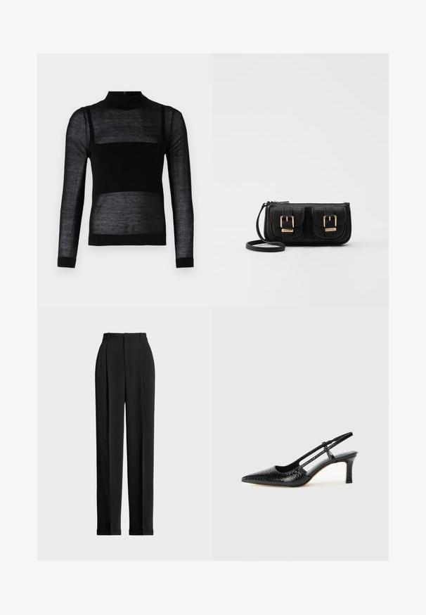 Melna ilgā piedurkņu blūze ar augstu kaklu, kas satur caurspīdīgas teksturētas daļas, vienkrāsainu apakšējo daļu un pieguļošas aproces.; Melnas piegriezuma bikses ar augstu jostasvietu, priekšā ar krokām, taisna kāju dizains un ar aprocēm. Izgatavotas no gludas auduma.; Melna patent āda ar slīdošo papēdi un smailo purngalu, ar teksturētu čūsku drukājumu, regulējamu siksniņu un īsu teksturētu blokpapēdi.; Melnas ādas crossbody soma ar divām priekšējām kabatām, zelta sprādzēm, ar rāvējslēdzēju aizdari un šauru siksnu. Strukturēta virsma un kompakta taisnstūra forma.