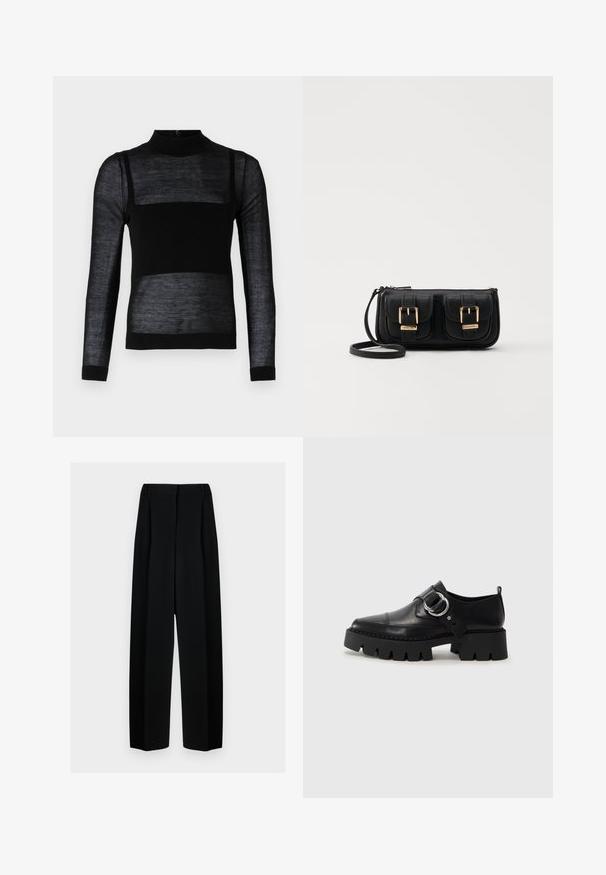 Black long-sleeve top with a mock neck, featuring sheer textured panels, solid lower section, and fitted cuffs.; Black wide-leg trousers with a high waist, featuring pleats and a smooth texture. The fabric appears lightweight and drapes elegantly.; Black leather shoes with a chunky, ribbed sole, featuring a circular silver hardware accent and minimal stitching detail.; Black leather crossbody bag with two front pockets, gold buckles, zipper closure, and a slim strap. Textured surface and compact rectangular shape.