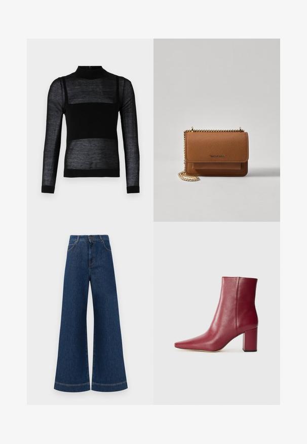 Crna majica dugih rukava s lažnim ovratnikom, koja sadrži prozirne teksturirane panele, čvrsti donji dio i uske manžete.; Široke plave traperice s visokim strukom, s kopčanjem na gumbe, petljama za remen i suptilnim detaljima šavova duž džepova i rubova.; Burgundska kožna čizma do gležnja s špicastim vrhom, blok petom i glatkom teksturom, koja se odlikuje bešavnom dizajnom bez vidljivih metalnih dijelova.; Smeđa kožna torba preko tijela s teksturom, zlatnim lančićem i preklopom na zatvaranju. Na prednjoj strani nalazi se detalj s potpisom i džep ispod preklopa.