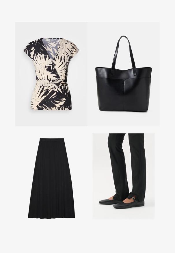 Črna in kremna ovita majica z vzorcem listov, kratkimi rokavi, globokim V-izrezom in prilegajočim pasom z nabranimi detajli.; Črna maksi krila iz mehkega, tekočega materiala. Ima elastičen pas in polno A-linijsko silhueto z gladko teksturo.; Črne usnjene balerinke s koničastim nosom, trak z srebrno zaponko, v kombinaciji s črnimi elegantnimi hlačami z razporkom na robu.; Črna usnjena torba z dvema dolgima ročajema, gladko teksturo in strukturirano obliko. Ima sprednji žep za dodatno shranjevanje.