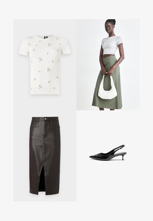Biały t-shirt z krótkim rękawem, żebrowany, ozdobiony wzorem haftu kwiatowego w odcieniach różu i zieleni. Klasyczny okrągły dekolt, dopasowany krój.; Brąskowa skórzana spódnica midi z przednim rozcięciem, pięcioma kieszeniami i metalowym zapięciem. Gładka faktura i dopasowany krój.; Czarne skórzane szpilki na ramiączku z ostrym noskiem, małym słupkiem i ozdobnym węzłem z przodu. Gładka faktura na całej powierzchni.; Szary prążkowany crop top i oliwkowa spódnica o wysokim stanie. Modelka trzyma białą torebkę na ramię z wycięciami. Prosty design, dopasowany krój.