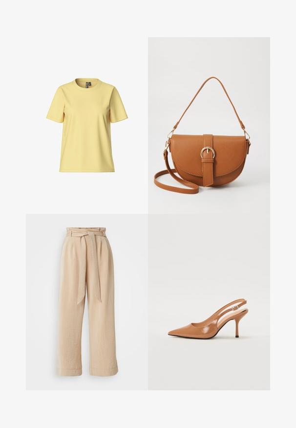 Gul kortermet t-skjorte laget av mykt stoff, med rund hals og enkelt, rent design uten mønstre eller dekorasjoner.; Beige vide bukser med belte i midjen, laget av teksturert stoff. Har en frontfold og en jevn finish langs kanten.; Spiss tå slingback hæl i et glat, glinsende brunt materiale. Har et buet utskårent design og en slank stilett hæl. Sølvspenne detalj.; Brun lærcrossbody-veske med en buet form, gullhardware og et spenneakcent. Har en avtakbar skulderreim.