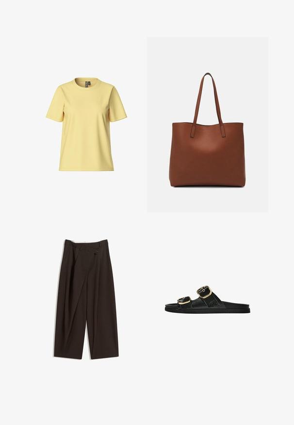 Tricou galben cu mânecă scurtă, realizat dintr-un material moale, cu guler rotund și un design simplu, curat, fără modele sau embellishments.; Pantaloni largi de culoare maron închis, cu talie înaltă, având închiere cu un singur nasture și un față pliată. Confectionați dintr-un material ușor.; Sandalie negre cu toc plat, cu două accente de cataramă aurie, din material texturat neted și design minimalist.; Geantă de umăr din piele maro cu o textură netedă, design cu vârf deschis și două curele pentru umăr. Prezintă cusături minime și fără componente metalice vizibile.