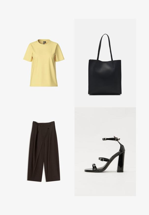 Tricou galben cu mânecă scurtă, realizat dintr-un material moale, cu guler rotund și un design simplu, curat, fără modele sau embellishments.; Pantaloni largi de culoare maron închis, cu talie înaltă, având închiere cu un singur nasture și un față pliată. Confectionați dintr-un material ușor.; Sandale cu toc din patent negru, cu vârf pătrat, curele la gleznă și catarame din argint. Dispune de un toc gros pentru stabilitate.; Geantă tote neagră din piele, cu textură netedă, formă rectangulară și două mânere lungi. Fără hardware vizibil sau ornamente.