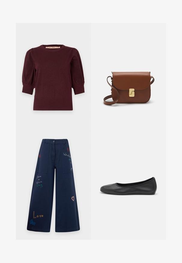 Burgundy knit sweater with puffed mid-length sleeves and ribbed cuffs and hem, designed for women.; Navy blue wide-leg pants in cotton with multiple pockets. Features colorful embroidered text and graphics including hearts and playful phrases.; Black leather ballet flat with a rounded toe, smooth texture, minimal stitching detail, and a flexible sole design.; Brown leather handbag with a flap closure, gold-tone hardware, a shoulder strap, and a smooth texture. Compact rectangular shape.