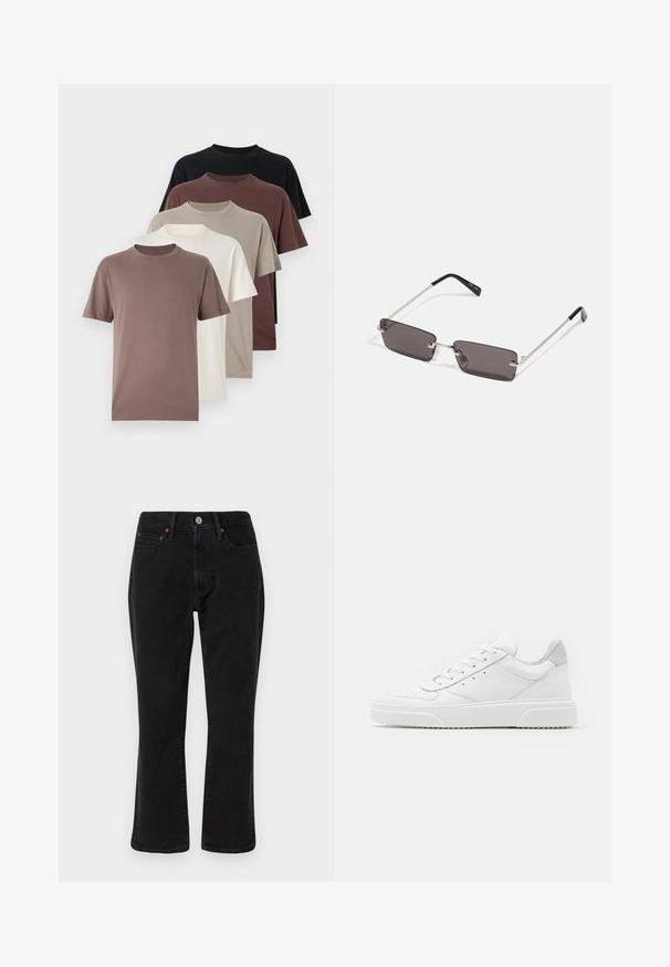 Abercrombie & Fitch 5-Pack Relaxed Essential Tees - Basic T-shirt - casual black/frenchroast/iron/rockridge/jet stream; Black and gray plaid jacket with a collared neckline, button front, and two chest pockets. Made from a textured fabric.; Black denim jeans featuring a straight leg design, five-pocket style, and metal hardware with copper accents. Smooth texture and medium rise.; White leather sneakers with a smooth finish, rounded toe, flat laces, and a textured sole. Grey suede accent at the heel.; Sunglasses with rectangular, dark grey lenses, silver metal frames, and black plastic tips on the arms. Lightweight design with nose pads.