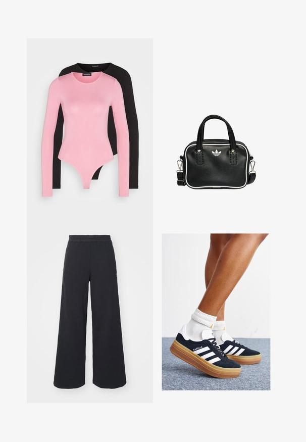 Pitkähihaiset bodyt vaaleanpunaisina ja mustina. Pehmeä, joustava kangas, pyöreät kaula-aukot ja vartalonmyötäinen muotoilu, jossa on thong-leikkaus alaosassa.; Mustat leveät collegehousut, jotka on valmistettu pehmeästä kankaasta. Niissä on elastinen vyötärö ja pieni logo vasemmalla puolella.; Musta mokkanahkainen tennari, jossa valkoiset raidat ja yksityiskohdat, pyöreä kärki, purukumipohja, yhdistetty valkoisiin ribbineuleisiin nilkkasukkiin.; Musta nahkainen käsilaukku, jossa on kaksi lyhyttä kahvaa, hopeiset yksityiskohdat, valkoiset tehosteet ja valkoinen logo. Sisältää teksturoidun pinnan ja kompaktin muotoilun.