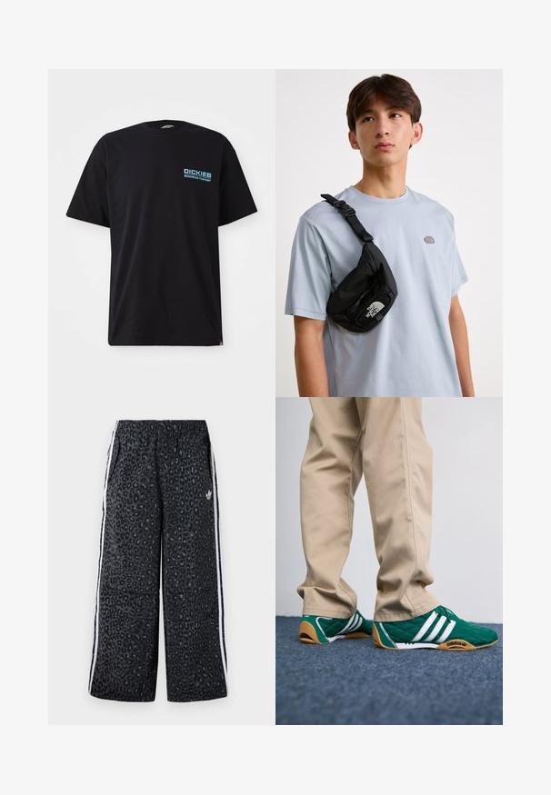 Mustmust särk lühikeste varrukatega, musta värvi, vasakul rinnal sinine logo "DICKIES WORKWEAR COMPANY". Tavaline ümmargune kaelus.; adidas Originals GRAPHIC UNISEX - Dresside alumine osa - black; Roheline tikandiga spordijalats, millel on valged triibud ja pruun kummitald, koos beežide pükstega. Disainil on madal profiil ja tekstureeritud materjal.; Must musta rihma kott, millel on reguleeritav rihm ja silmapaistev valge logo. Kandmine helesinise T-särgi peal. Lihtne ja funktsionaalne disain.