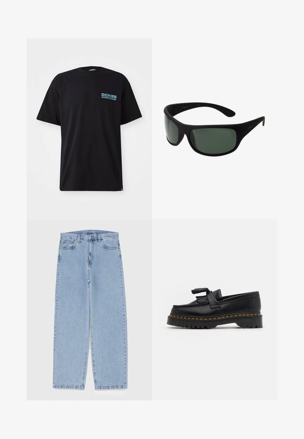 Mustmust särk lühikeste varrukatega, musta värvi, vasakul rinnal sinine logo "DICKIES WORKWEAR COMPANY". Tavaline ümmargune kaelus.; Heled sinise denimi sirgete põlvede lõikega teksad, millel on keskmise kõrgusega vöökoht, viis taskut ning nööbid ja tõmblukk.; Mustmust musta loafer, millel on frantsiisi aktsent, paks must tald ja kollane õmblus servas. Tekstuuriga viimistlus.; Mustad mustasviruliste läätsedega prillid. Matu viimistlus, kumer disain, sirged käed ja diskreetne bränding külgedel.; Seitsme hõbesõrmuse komplekt, millel on erinevad kujundid, sealhulgas keerdunud, seotud ja graveeritud mustrid. Erinevad kujundid ja laius.