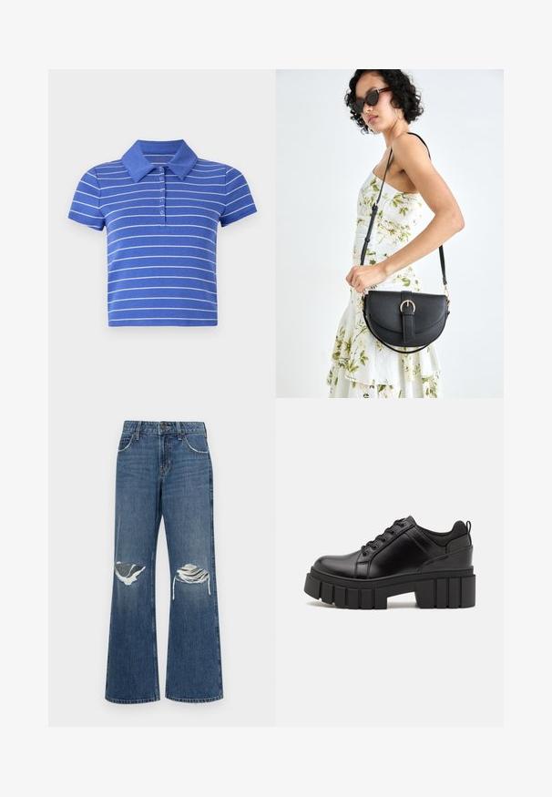 Blaue Poloshirts aus Baumwolle, mit kurzen Ärmeln, einem Kragen und horizontalen weißen Streifen. Fünf-Knopf-Leiste.; Helle Denim-Jeans mit weit ausgestelltem Bein in einem mittleren Blau, mit zerstörten Knieflicken, rohen Saumkanten und einem klassischen Fünf-Taschen-Design mit metallischem Knopfverschluss.; Schwarze Lederplateauschuhe mit klobigem Blockabsatz, runder Zehenpartie und traditionellem Schnürdesign. Verfügt über eine glatte Textur und minimale Details.; Schwarze Lederhandtasche mit geschwungener Form, abnehmbarem Tragegurt und goldenen Beschlägen. Die Tasche verfügt über einen Deckel mit einer Schnallen-Details.