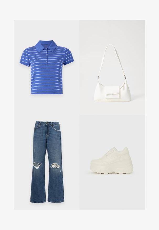 Polo shirt blu in cotone, con maniche corte, colletto e righe orizzontali bianche. Dettaglio con patta a cinque bottoni.; Jeans a gamba larga in denim blu medio, caratterizzati da strappi alle ginocchia, orli grezzi e un classico design a cinque tasche con chiusura a bottone in metallo.; Sneakers bianchi con piattaforma, caratterizzati da una parte superiore simile alla pelle liscia, forma arrotondata, collo imbottito e suola in gomma testurizzata con scanalature ben definite.; Borsa sintetica bianca a forma triangolare, con patta anteriore piatta e dettaglio a fiocco, tracolla regolabile, texture liscia e design minimalista.