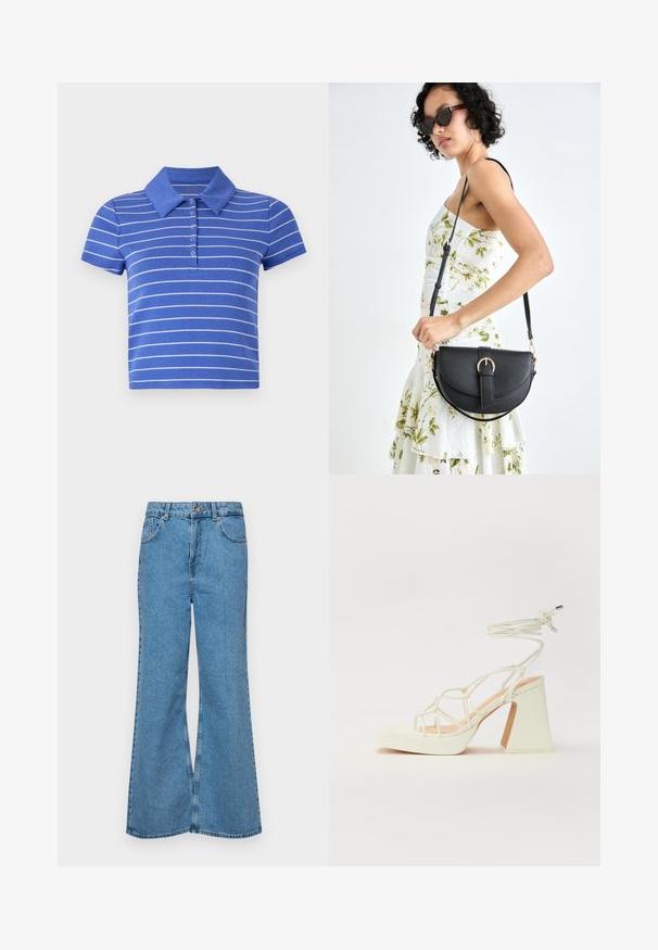 Mėlynas medvilninis polo marškinėliai, su trumpomis rankovėmis, apykakle ir horizontaliosiomis baltomis juostelėmis. Penkių mygtukų detalė.; Šviesiai mėlynos flared džinsai, pagaminti iš džinsinio audinio, su aukštu liemeniu, penkiomis kišenėmis ir vienu mygtuko užsegimu. Minkštas paviršius su išblukusiu efektu.; Balti aukštakulniai sandalai su masyviu kulnu, su dirželių dizainu ir kulkšnies raiščiu. Lygi tekstūra su platforma priekyje, suteikianti papildomą aukštį.; Juodas odinis krepšys su išlenkta forma, nuimamu dirželiu ir auksiniais detalėmis. Krepšys turi kilpą su sagtimi.