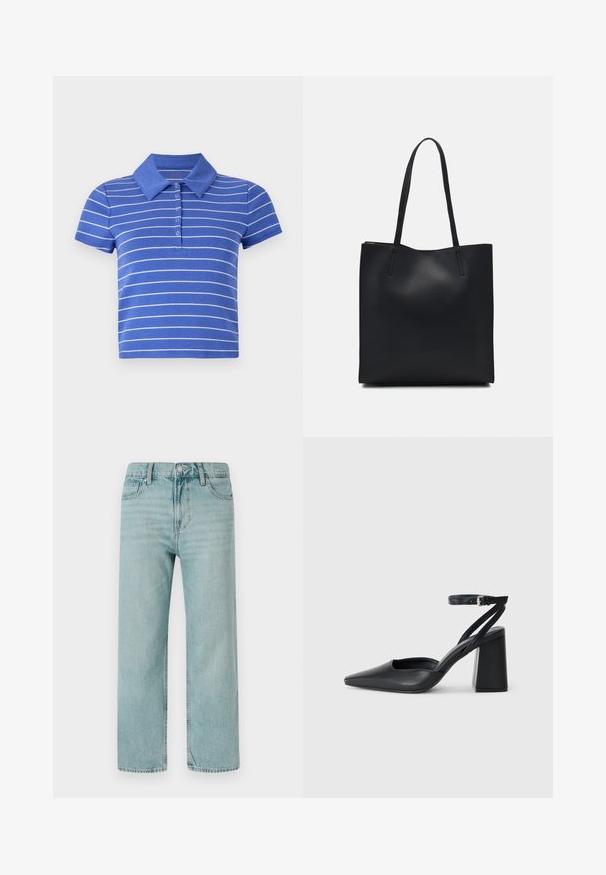 Blue polo shirt made of cotton, featuring short sleeves, a collared neck, and horizontal white stripes. Five-button placket detail.; Light blue wide-leg jeans made from denim, featuring a classic five-pocket design, clean lines, and a regular waistband with a button closure.; Black leather pointy-toe pump with an ankle strap and a chunky heel. Flat texture, sleek design, and minimalistic aesthetics.; Black leather tote bag with smooth texture, rectangular shape, and two long handles. No visible hardware or embellishments.