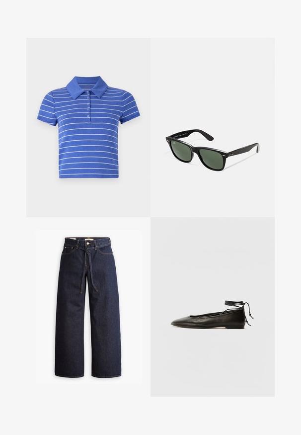 Cămașă polo albastră din bumbac, cu mâneci scurte, guler colorat și dungi orizontale albe. Detaliu cu un sistem de închidere cu cinci nasturi.; Blugi din denim cu talie înaltă, de culoare albastru închis, cu picior larg, dotati cu şnur pentru ajustare, cinci buzunare şi detalii de cusătură în contrast.; Balerini din piele neagră, cu vârf ascuțit, șnur pentru glezna și talpă plată, având o textură netedă și un design minimalist.; Ochelari de soare din plastic negru cu lentile verzi, rame pătrate, accent argintiu pe sprânceană și brațe texturate. Marca este menționată pe brațul interior.