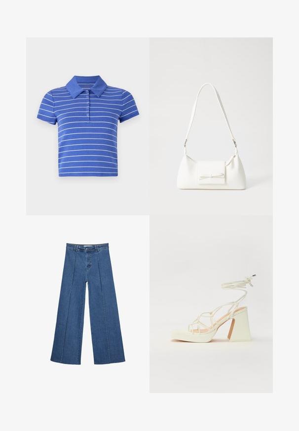 Plava polo majica napravljena od pamuka, s kratkim rukavima, ovratnikom i horizontalnim bijelim prugama. Detalj s pet dugmadi.; Široke traperice u srednje plavoj boji, s visokim strukom, zatvaranjem na dugme i kontrastnim vertikalnim šavovima duž prednje strane.; Bijela sandala na visokoj potpetici s debelim petom, s remenom i vezanjem oko gležnja. Glatka tekstura s platformom sprijeda za dodatnu visinu.; Bijela sintetička torbica s trokutastim oblikom, ravnim prednjim poklopcem i detaljem u obliku mašne, podesivom remenom, glatkom teksturom i minimalističkim dizajnom.