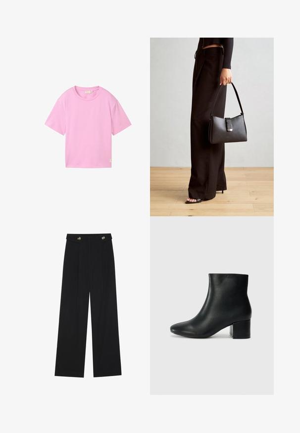 TOM TAILOR DENIM BOXY - T-shirt basic - soft summer pink; Zwarte wijde broek met hoge taille, knoopdetails op de tailleband en plooien aan de voorkant.; Zwarte leren enkellaarzen met een spitse neus en een chunky hak. Gladde textuur met minimale accenten en een slank, strakk ontwerp.; Zwarte handtas met gestructureerde vorm, gladde textuur en een metalen sluiting. Gecombineerd met brede zwarte broeken en sandalen met open teen op een houten vloer.
