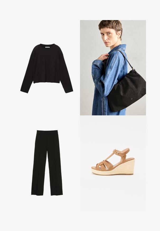 Sort cropped skjorte med lange ærmer lavet af blødt bomuld. Har rund halsudskæring og løs pasform med sænket skuldre. Ingen synlige mønstre eller accenter.; Sorte brede bukser lavet af et glat stof, med en tætsiddende talje og subtile frontfolder for ekstra tekstur.; Brune kile sandaler med tværgående stropdesign, justerbar ankelspænde og en tekstureret vævet espadrille-stil kile.; Sort ruskindshåndtaske med en blød, struktureret form, der har en slank læderrem og et subtilt brandlogo. Modellen bærer en denimjakke.