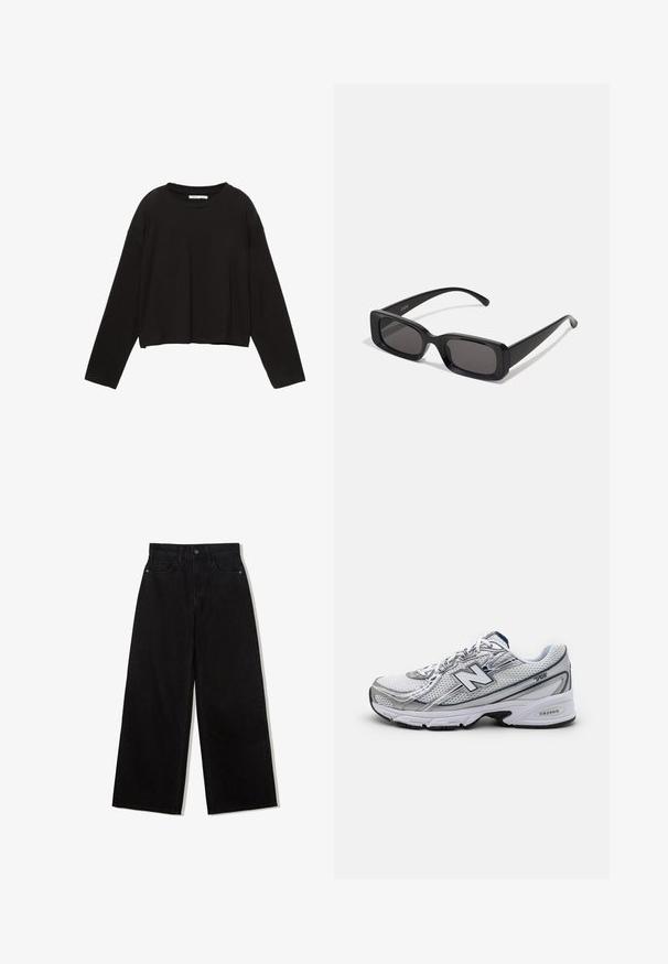 Schwarzes, langärmliges, kurzes Shirt aus weicher Baumwolle. Verfügt über einen runden Halsausschnitt und eine lockere Passform mit heruntergesetzten Schultern. Keine sichtbaren Muster oder Akzente.; Schwarze, weit geschnittene Jeans aus Denim mit hoher Taille, die ein Fünf-Taschen-Design und einen einzelnen Knopfverschluss vorne aufweist.; New Balance Sportschuh mit einem Mesh-Obermaterial, überwiegend weiß mit grauen und marineblauen Akzenten, ausgestattet mit einer gepolsterten Sohle und strukturierten Details.; Schwarze rechteckige Sonnenbrille mit dunklen Gläsern, glänzender Oberfläche, breiten Bügeln und einem klobigen Rahmen-Design. Gravierter Markenname auf einem Bügel.; Schwarze Leder-Totetasche mit zwei Griffen und einem abnehmbaren Schultergurt. Sie zeichnet sich durch eine glatte Textur und einen vorderen Gürtelakzent mit einer silbernen Schnalle aus.