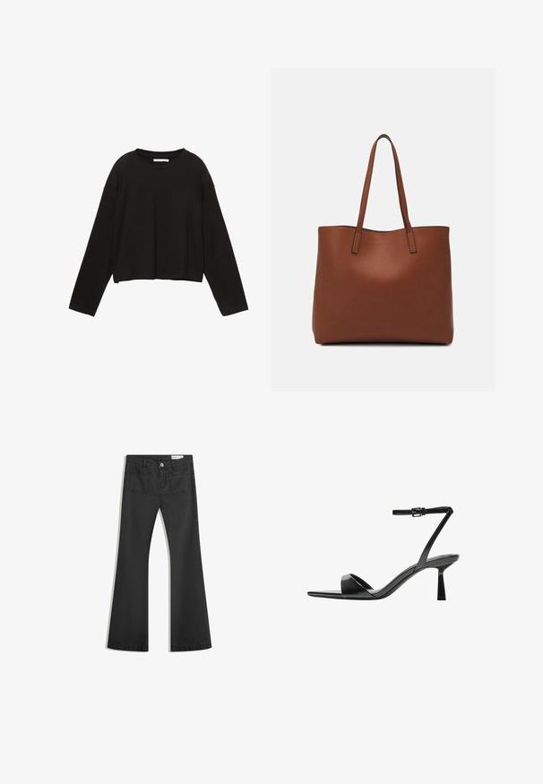Sort cropped skjorte med lange ærmer lavet af blødt bomuld. Har rund halsudskæring og løs pasform med sænket skuldre. Ingen synlige mønstre eller accenter.; Sorte flared jeans lavet af denim med en glat tekstur, som har to baglommer og en knaplukning i taljen.; Bershka Højhælede sandaletter / Højhælede sandaler - black; Brun læder tote taske med en glat overflade, åben topdesign og to skulderremme. Har minimal syning og ingen synlig hardware.