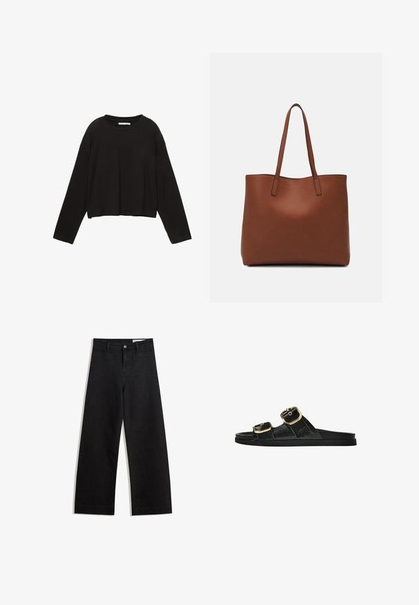 Zwarte lange mouwen cropped shirt gemaakt van zachte katoen. Heeft een ronde halslijn en een losse pasvorm met verlaagde schouders. Geen zichtbare patronen of accenten.; Zwarte denim broek met wijde pijpen en een hoge taille, voorzien van voor- en achterzakken, gestikte naden en een knoopsluiting. Gladde textuur.; Zwarte slipper met twee gouden gesps, gladde textuur, platte zool en een minimalistisch ontwerp.; Bruine leren tote bag met een gladde textuur, een ontwerp met een open bovenkant en twee schouderbanden. Kenmerkt zich door minimale stiksels en geen zichtbare hardware.