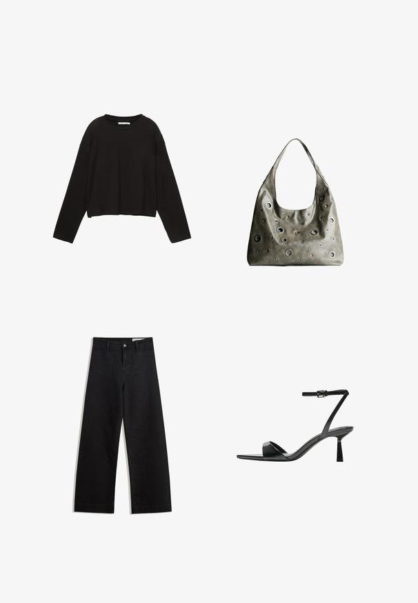 Černá dlouhá rukávová zkrácená halenka vyrobená z měkké bavlny. Má kulatý výstřih a volný střih s kleslými rameny. Žádné viditelné vzory nebo akcenty.; Černé denimové kalhoty s volným střihem a vysokým pasem, vybavené předními a zadními kapsami, prošívanými švy a knoflíkovým zapínáním. Hladká textura.; Bershka Sandály na vysokém podpatku - black; Olivově zelená kožená kabelka s uvolněným designem, která má kulaté výřezy různých velikostí a akcenty v tmavších a světlejších odstínech.