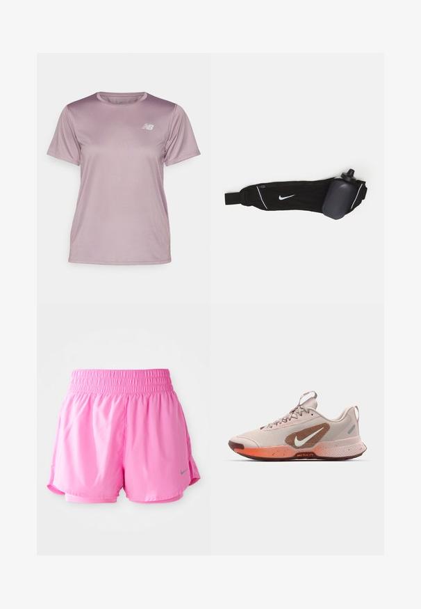 New Balance Camiseta deportiva - ice wine; Shorts deportivos rosas con una cintura fruncida, fabricados en un material ligero. Presentan un logo de Nike en gris y un diseño en capas para mayor transpirabilidad.; Zapatillas deportivas de color beige claro con una parte superior de tejido texturizado, detalles en naranja, un panel lateral de malla y suela de goma. Presentan un logo en el lateral.; Cinturón negro para botella de agua con correa ajustable, que presenta un logo de Nike en blanco, un soporte para botella de agua en gris y costuras de acento en blanco.