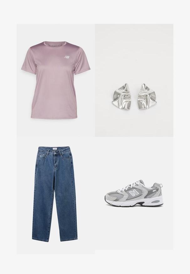 New Balance Sportfelső - ice wine; Klasszikus kék farmernadrág egyenes szárú dizájnal, öt zsebbel és gombos zárással. Közepes mosású és strapabíró textúrával rendelkezik.; Szürke sportcipők hálós és velúr felsőrésszel, fehér fűzőkkel és fekete talppal. Kiemelkedő "N" logóval és párnázott gallérral rendelkezik.; Ezüst fém fülbevalók hullámos, szobrászati kialakítással, fényes felülettel és szabálytalan formákkal, amelyek a kortárs esztétikát hangsúlyozzák.