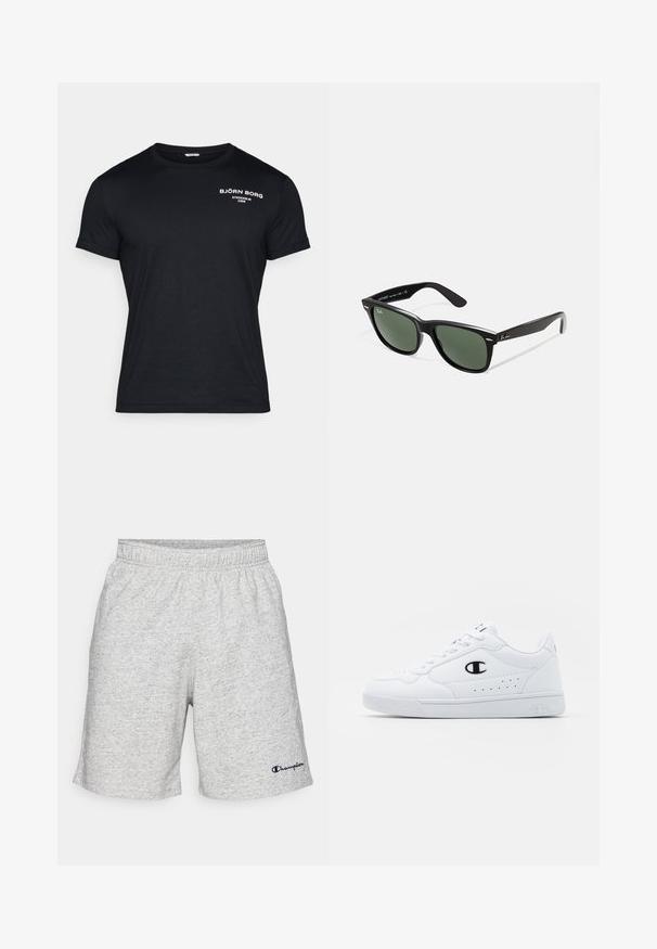 T-shirt de algodão preta com mangas curtas, gola redonda e logótipo em texto branco "BJÖRN BORG STOCKHOLM 1956" no lado superior esquerdo.; Calções de material jersey cinza com um cós elástico e um logótipo da "Champion" azul-marinho no canto inferior esquerdo.; Sapatilhas brancas de desporto com um cabedal sintético liso, detalhes em preto no logótipo e perfurações na lateral. Sola em borracha.; Óculos de sol de plástico preto com lentes verdes, armações quadradas, detalhe prateado na sobrancelha e hastes texturizadas. Marca indicada na parte interna da haste.