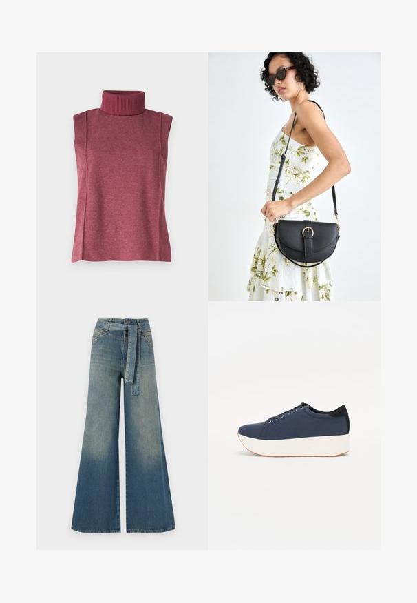 Hihaton poolopaita viininpunaisesta neuloksesta, jossa on korkea ribbatut kaula-aukko ja saumat sivuilla rakenteen ja istuvuuden parantamiseksi.; Yksiväriset farkut leveällä lahkeella, joissa on vaaleasta tummansiniseen häipyvä väri, korkea vyötärö, vyölenkit ja yhteensopiva kangasvyö. Rakennefarkkujen pinta.; Sotilaspunainen tennari, jossa on teksturoitu kangasyläosa, valkoinen alustan pohja, pyöreä kärki ja musta kantapääkorostus. Varustettu kuudella nyörille tarkoitetulla reikällä.; Musta nahkainen käsilaukku, joka on kaareva muotoilultaan, irrotettavalla hihnalla ja kultaisilla yksityiskohdilla. Laukussa on läppä, jossa on solk yksityiskohta.