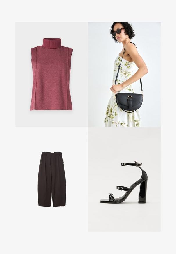 Top brez rokavov iz burgundske pletene tkanine, z visokim rebrastim ovratnikom in stranskimi šivi za strukturo in prileganje.; Črne široke hlače iz gladkega materiala, z visokim pasom, zgornjimi pregibi in stranskimi žepi. Preprost dizajn brez okrasnih elementov.; Črne lakirane sandale s peto, kvadratnim prstom, trakovi okrog gležnja in srebrnimi zaponkami. Opremljene so s stabilno Debelo peto.; Črna usnjena torbica s ukrivljeno obliko, z odstranljivo naramnico in zlatimi dodatki. Torbica ima pokrov s podrobnostmi v obliki zaponke.