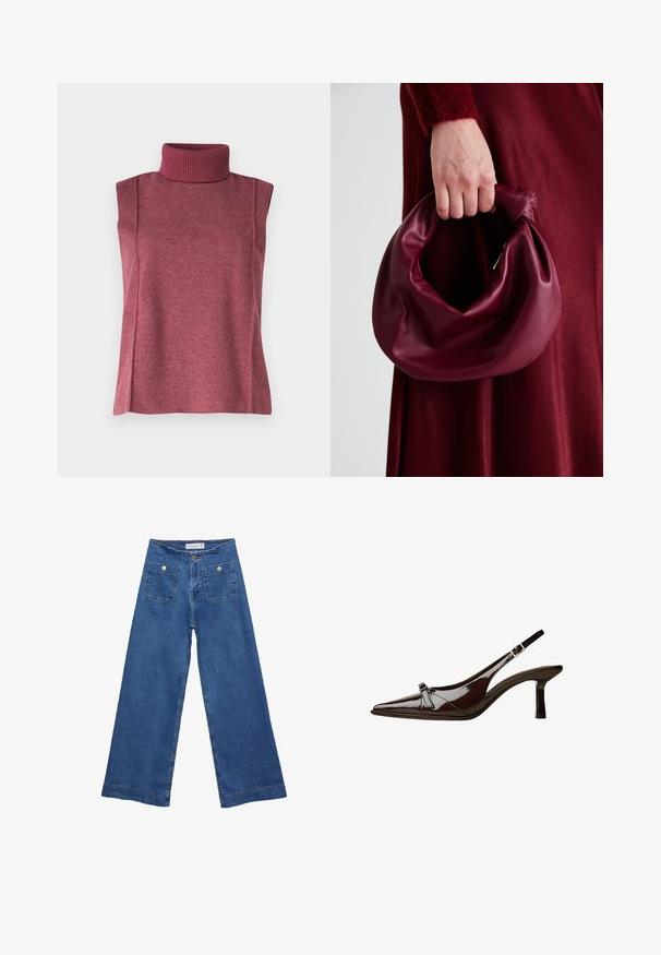 Ärmelloses Rollkragenoberteil aus burgunderfarbenem Strickstoff, mit einem hohen gerippten Kragen und Seitennähten für Struktur und Passform.; Denim-Hosen im weiten Schnitt mit einer mittleren blauen Waschung, zwei Vordertaschen mit Knopfverschluss und genähten Details entlang der Säume.; Braune Lackleder-Slingback-Schuhe mit spitzem Zehenbereich, niedrigem Absatz und einer dekorativen Schleifenakzent an der Vorderseite. Glatte, glänzende Textur.; Burgunderleder-Handtasche mit einem weichen, gerafften Design und einer gerundeten Form. Der Griff ist gesichert und zeigt eine glatte Textur.