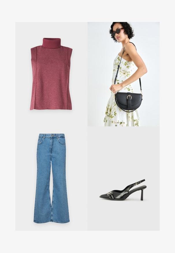Mouwloze coltrui in bordeaux gebreide stof, met een hoge geribbelde halslijn en zijnaad voor structuur en pasvorm.; Lichtblauwe flared jeans van denim, met een hoge taille, vijf zakken en een enkele knoopsluiting. Zachte textuur met een vervaagde afwerking.; Zwarte gepolijste leren slingback schoenen met een puntige neus, enkelbandjes met zilveren gespen en hardware, en een slanke hak.; Zwarte leren handtas met een gebogen vorm, afneembare schouderband en gouden hardware. De tas heeft een klep met een gespsluiting.