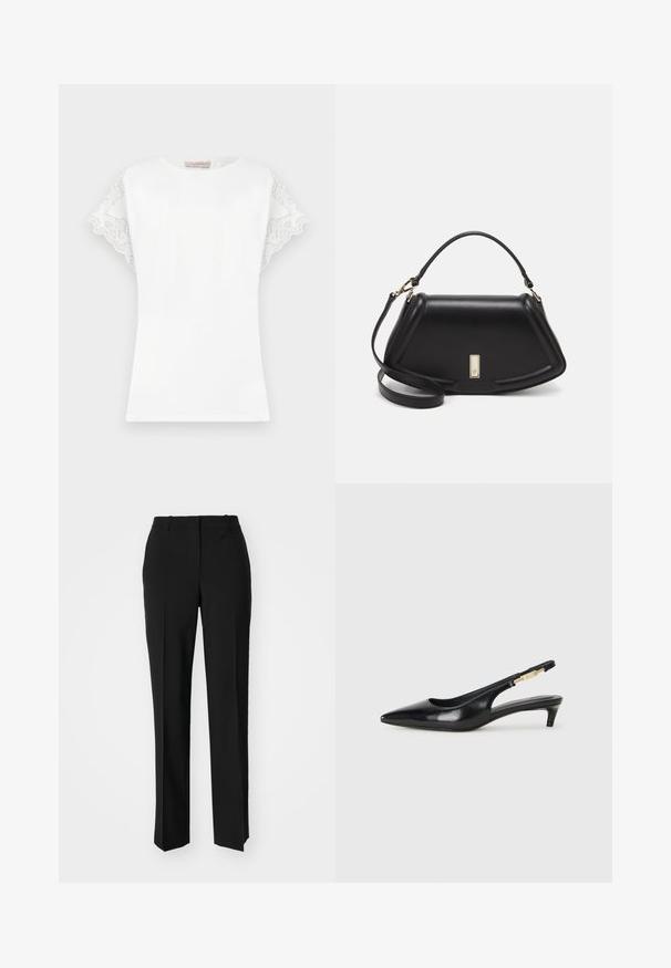 White t-shirt with short sleeves featuring intricate lace detailing on the sleeves, round neckline, and a fitted silhouette.; Black tailored trousers with a straight-leg design, featuring a smooth texture and crisp creases along the front. No visible hardware.; Black leather slingback heels with a pointed toe, featuring a slim heel and a gold-tone accent on the adjustable strap. Smooth texture.; Black leather handbag with a structured design, featuring a cropped shape, top handle, and gold hardware accent. Adjustable shoulder strap included.