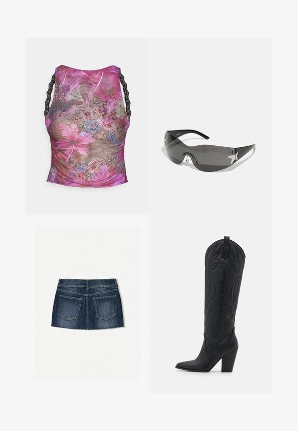 Top din plasă cu motive florale în nuanțe de roz, violet și verde. Prezintă bretele din dantelă neagră și aplicații colorate din strasuri pe față.; Fustă mini din denim cu o nuanță albastră închisă, design cu cinci buzunare, margine desfăcută și croi slim cu talie plată.; Zign Cizme cowboy/biker - black; Ochelari de soare negri cu un design tip wrap-around, lentile întunecate, accente strălucitoare în formă de stea și suporturi pentru nas ajustabile.; Geantă de umăr din piele neagră cu un finisaj texturat, având un accent din lanț, curea reglabilă și detalii din metal argintiu.