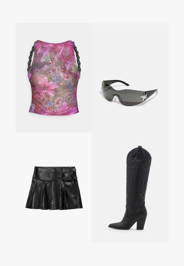Lille lilleline, millel on roosad, lillad ja rohelised toonid. Mustad pitsist rihmad ja esiosal värvilised säravad kivid.; Must mustriba nahk-seelik voldikute ja laia vöökohtaga, millel on külgedel kaks pandla aksessuaari. Sile tekstuur ja läikiv viimistlus.; Zign Kauboi-/mootorrattasaapad - black; Mustad musta värvi prillid, millel on ümberringi kujundus, tumedad toniseeritud objektiivid, läikivad tähekujulised aktsendid ja reguleeritavad ninapatjad.; Must kandekott, millel on tekstuuriga pind, ketiga aksent, reguleeritav rihm ja hõbedased detailid.